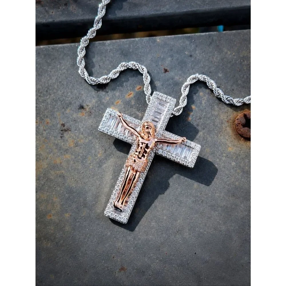 Rose Baguette Cross Necklace